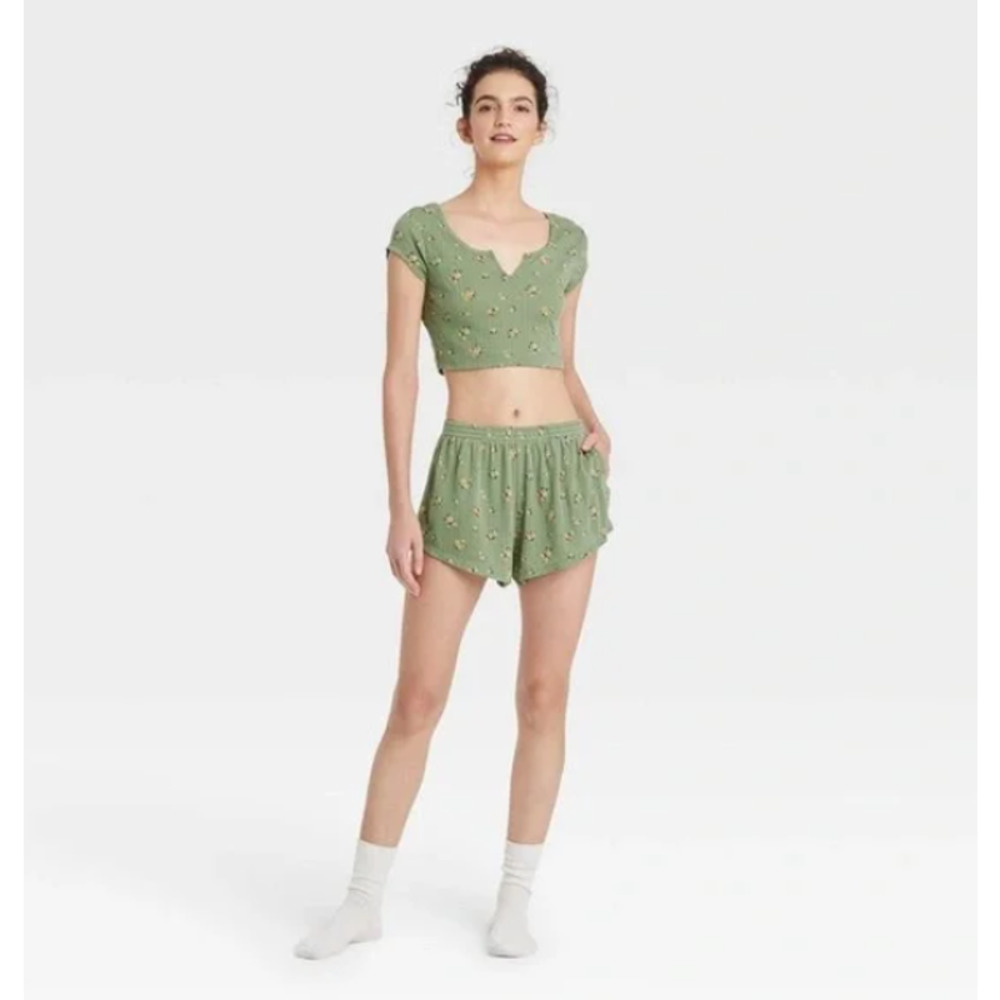 Set of Colsie Floral Pointelle Floral Sage Knit Crop Top and Short Lounge Wear